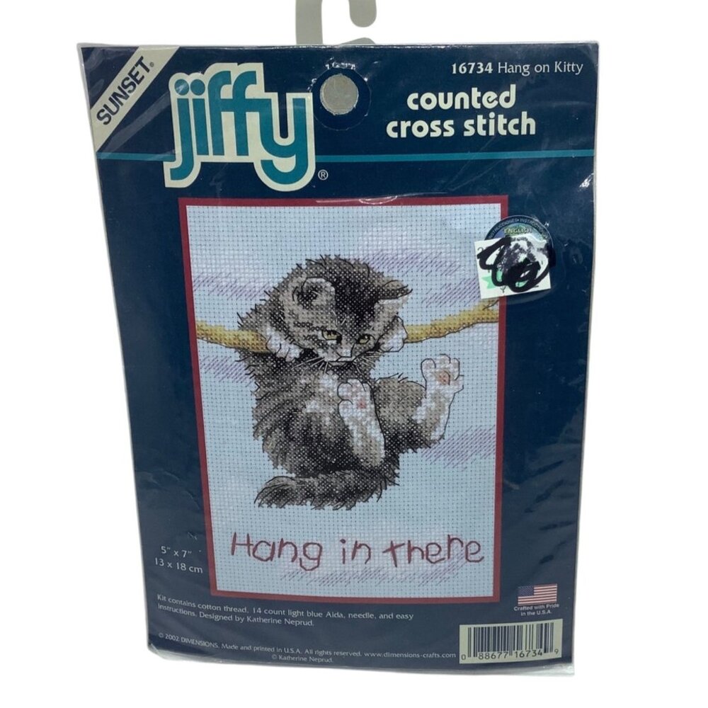 Dimensions‎ Jiffy Counted Cross Stitch Kit 16734 Hang On Kitty Cat 5"x7" NEW